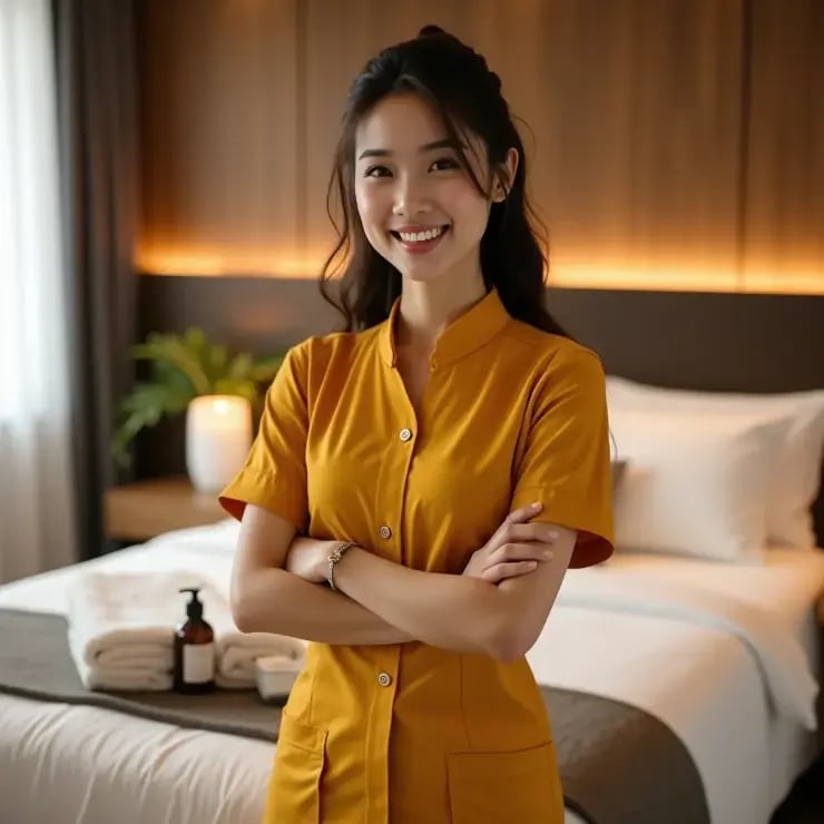 Professional massage therapist smiling inside a hotel room, ready for outcall service.