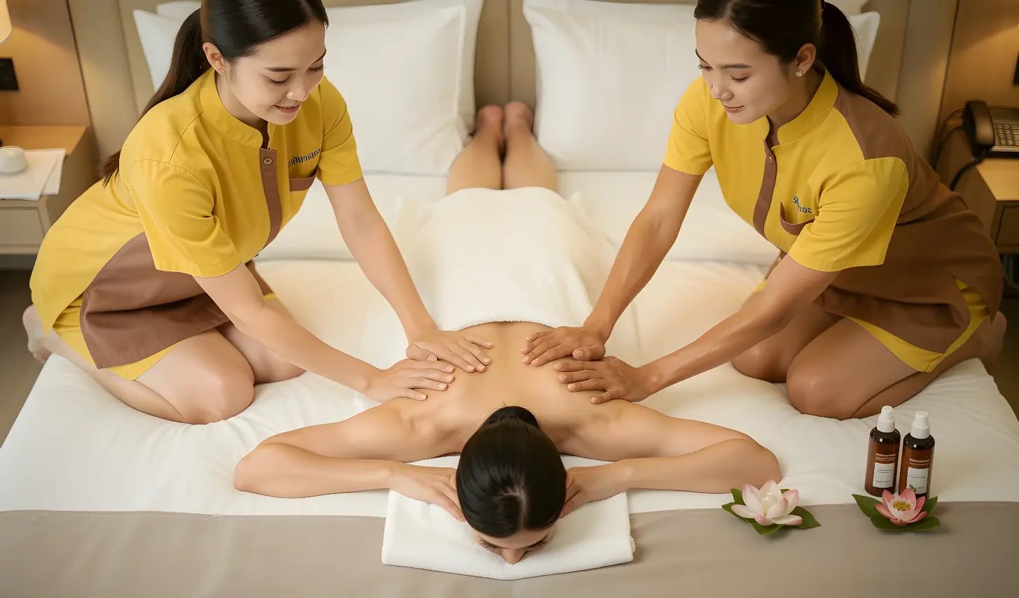 Four Hands massage performed by two synchronized therapists on a hotel bed for deep relaxation.