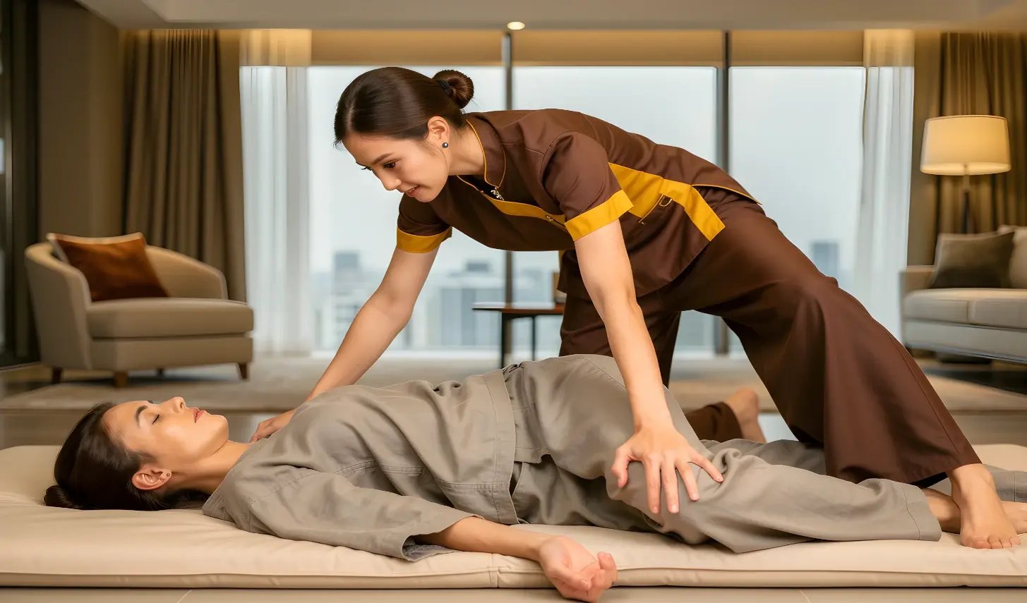 Thai massage with assisted stretching performed on a floor mat inside a modern condo or hotel room.